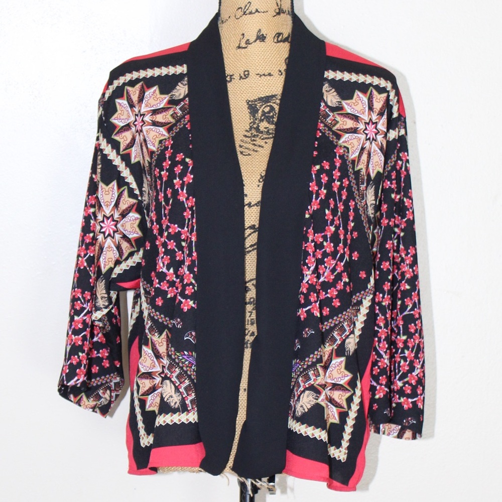 Love Tree Kimono Style Open Front Red Black Sheer Floral Blouse Top Women’s M
